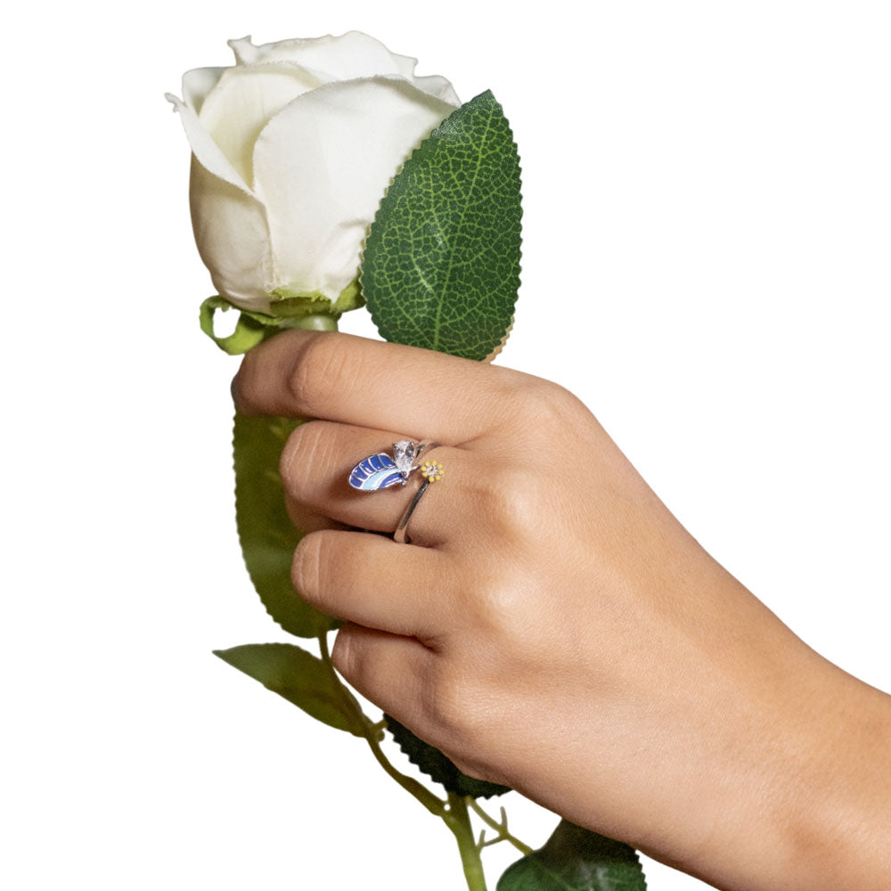 silver floral butterfly ring