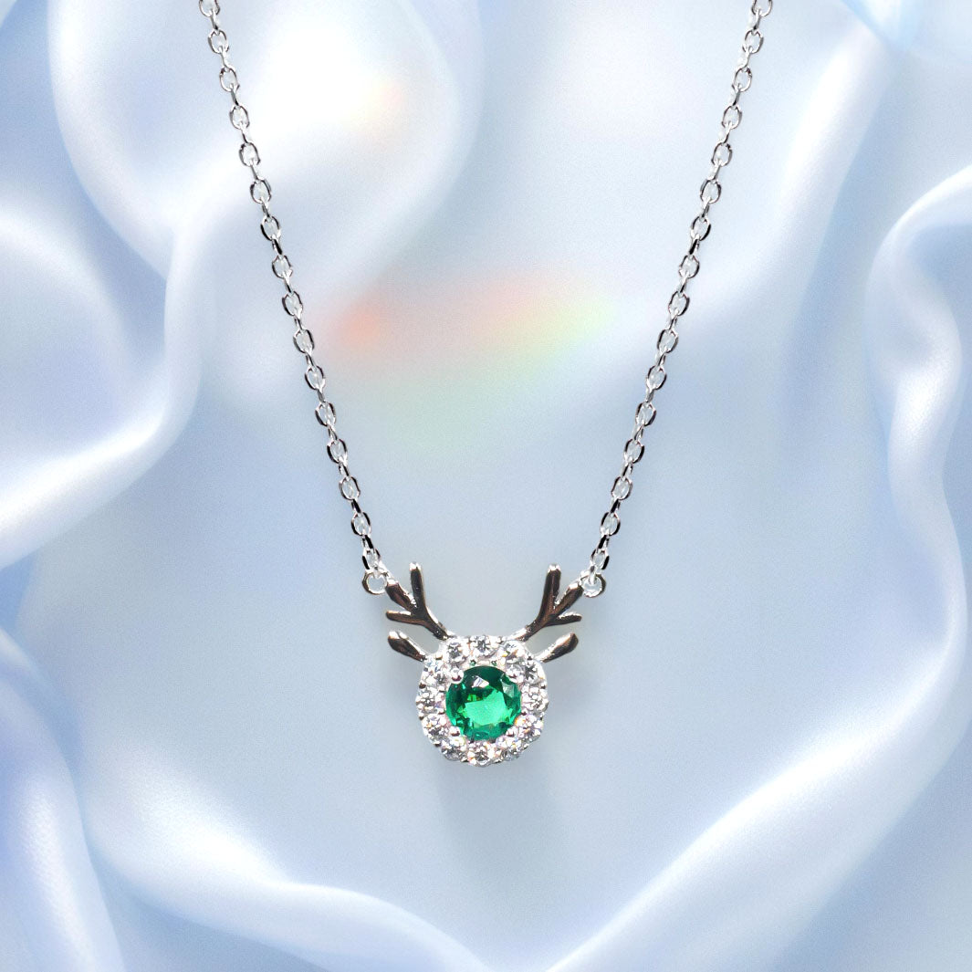 Silver Deer Green Solitaire Diamond Necklace