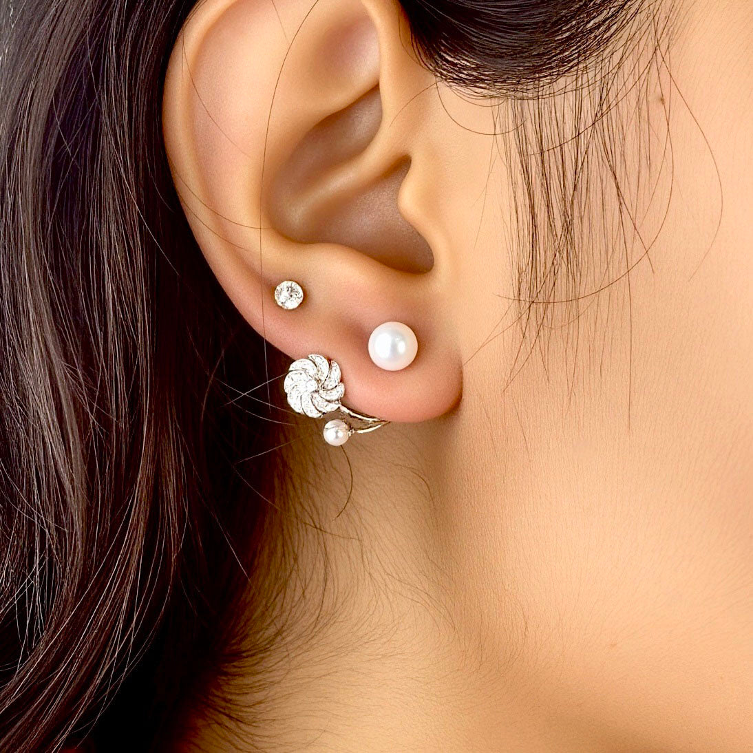 White Pearl & Diamond Swirl Earrings