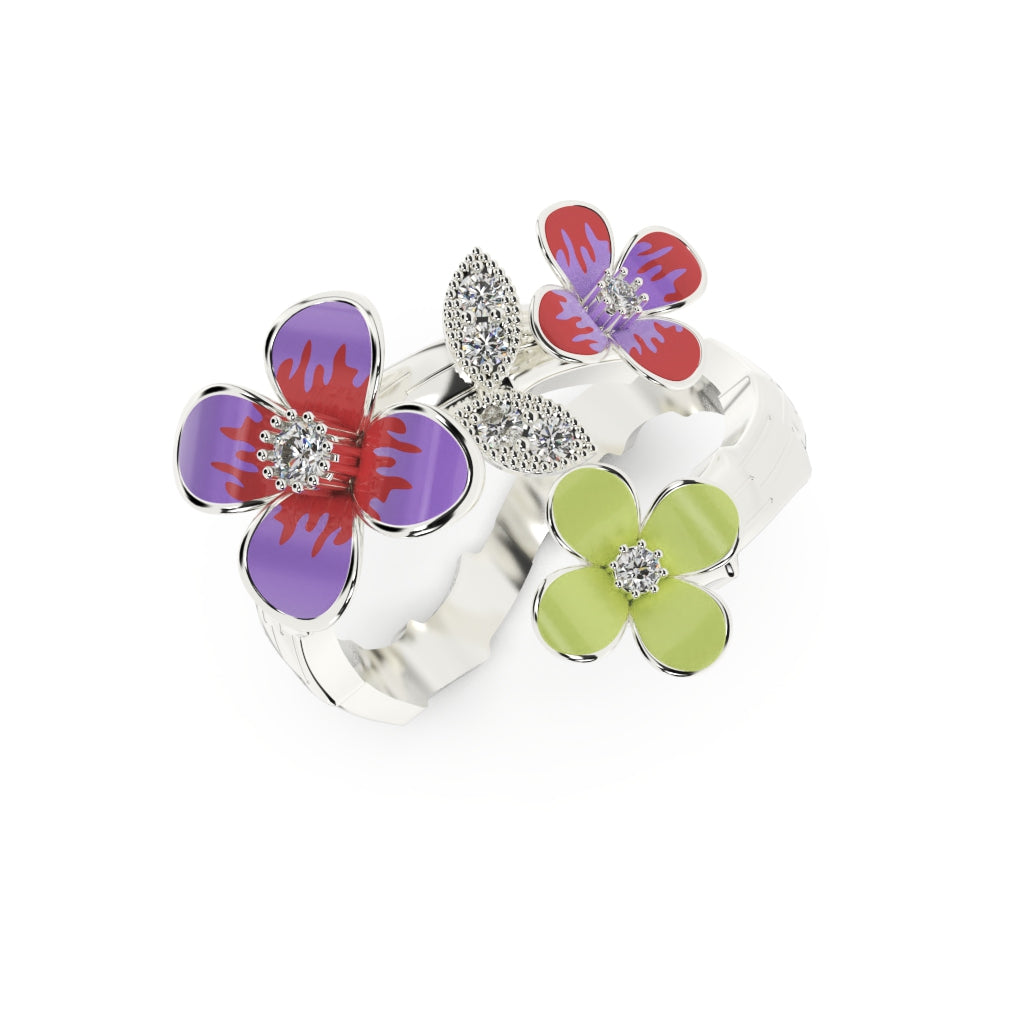 Floral Blossom Ring - SILTREE
three different co;or flowers silver ring