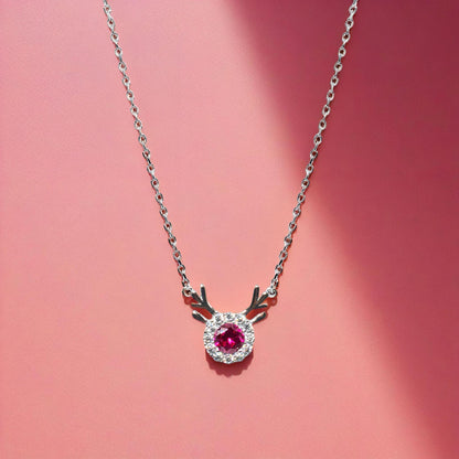 Silver Deer Red Solitaire Diamond Necklace