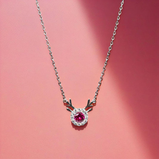 Silver Deer Red Solitaire Diamond Necklace