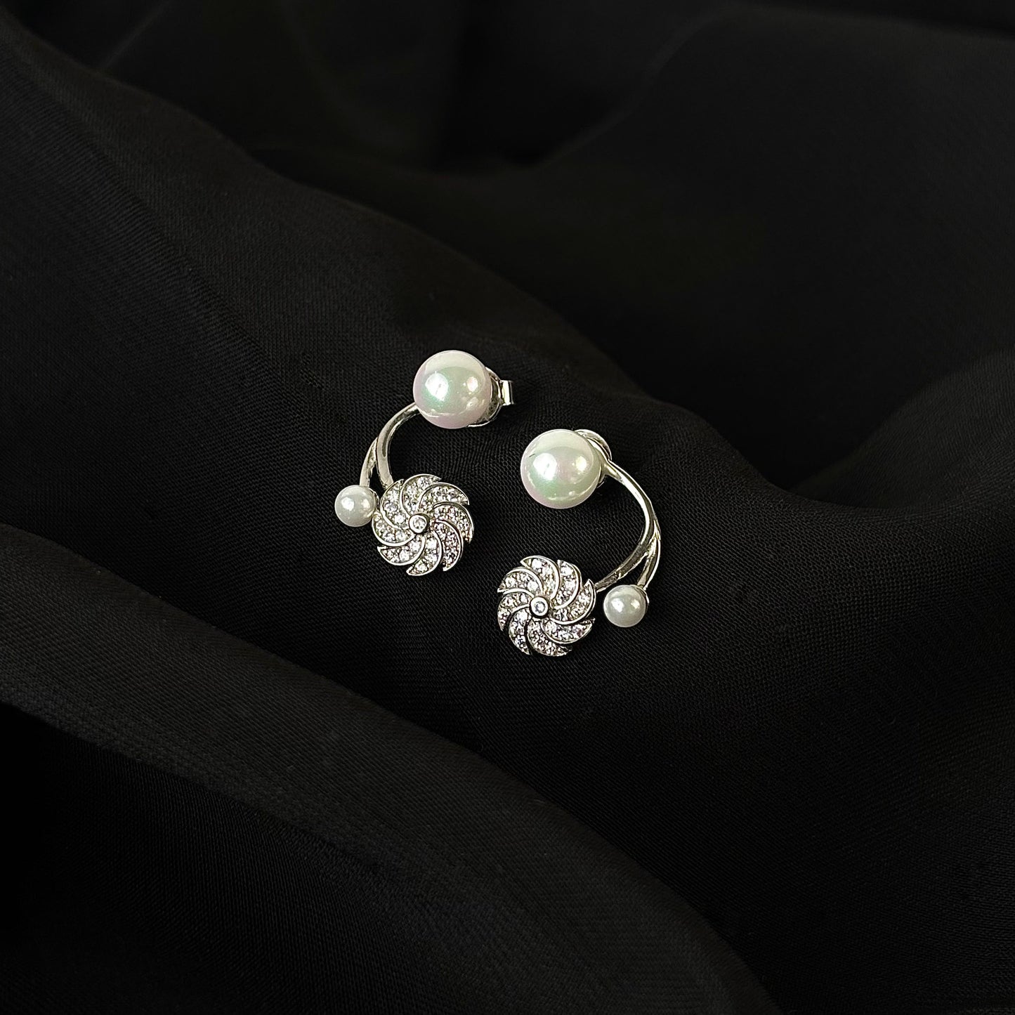 White Pearl & Diamond Swirl Earrings