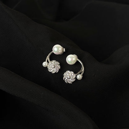 White Pearl & Diamond Swirl Earrings