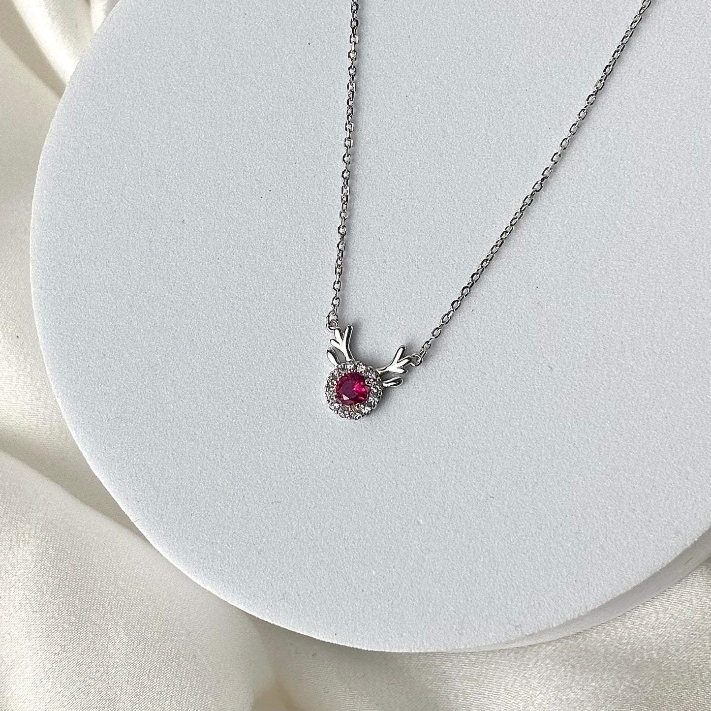 Silver Deer Red Solitaire Diamond Necklace