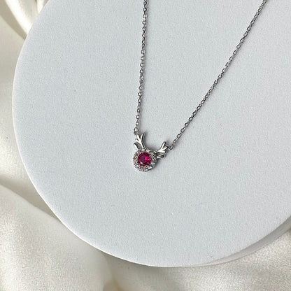 Silver Deer Red Solitaire Diamond Necklace