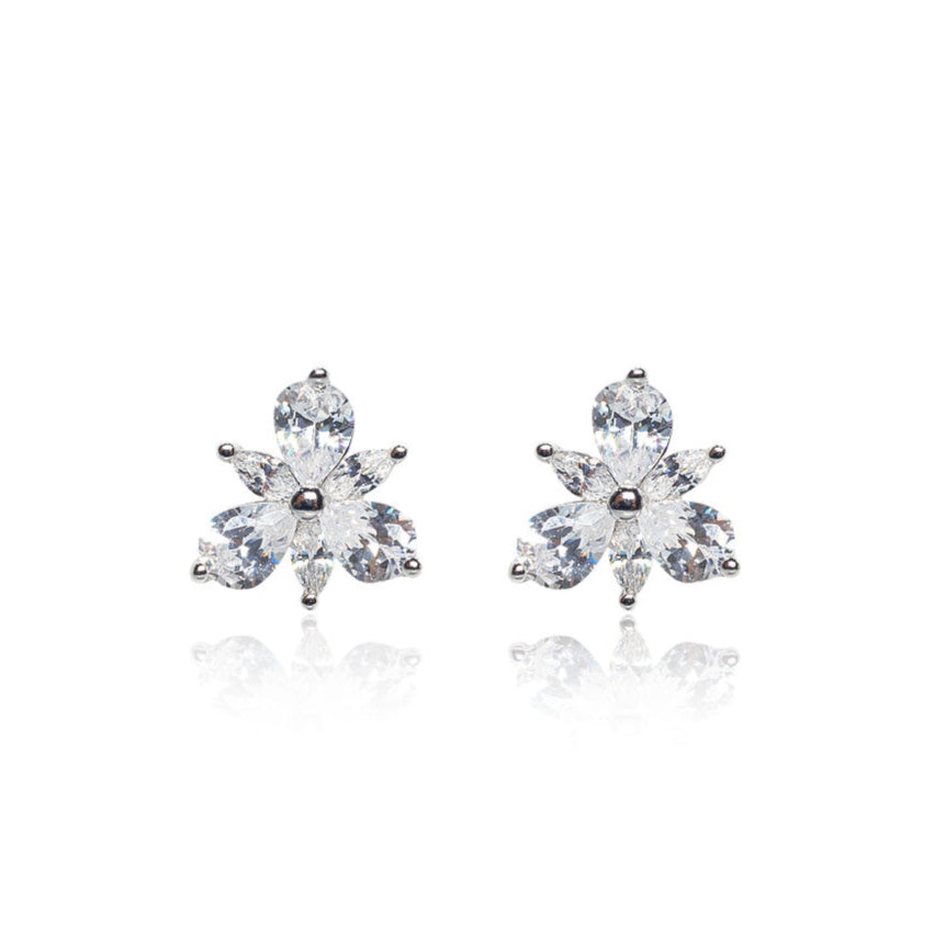 flowers petals diamond silver earrings