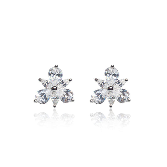 flowers petals diamond silver earrings