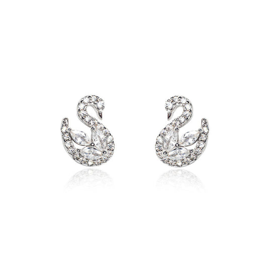 swan shape diamond studded silver earring