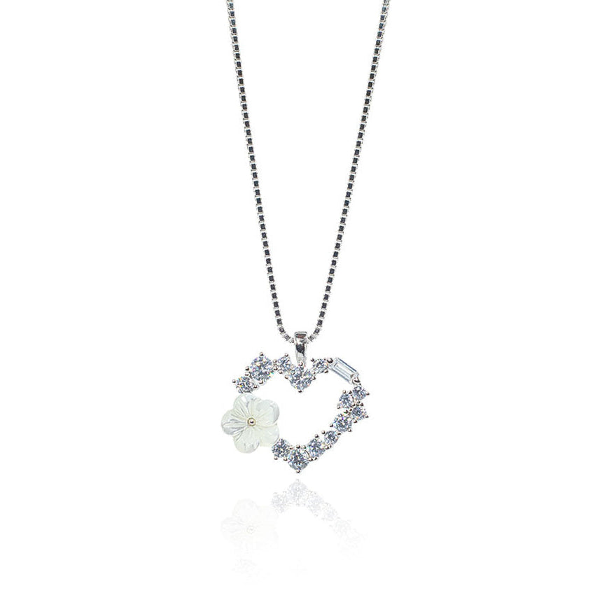 silver heart with diamond studded and beautiful white flower necklace