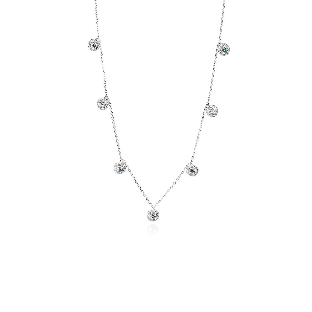 silver necklace contain multiples round diamond 