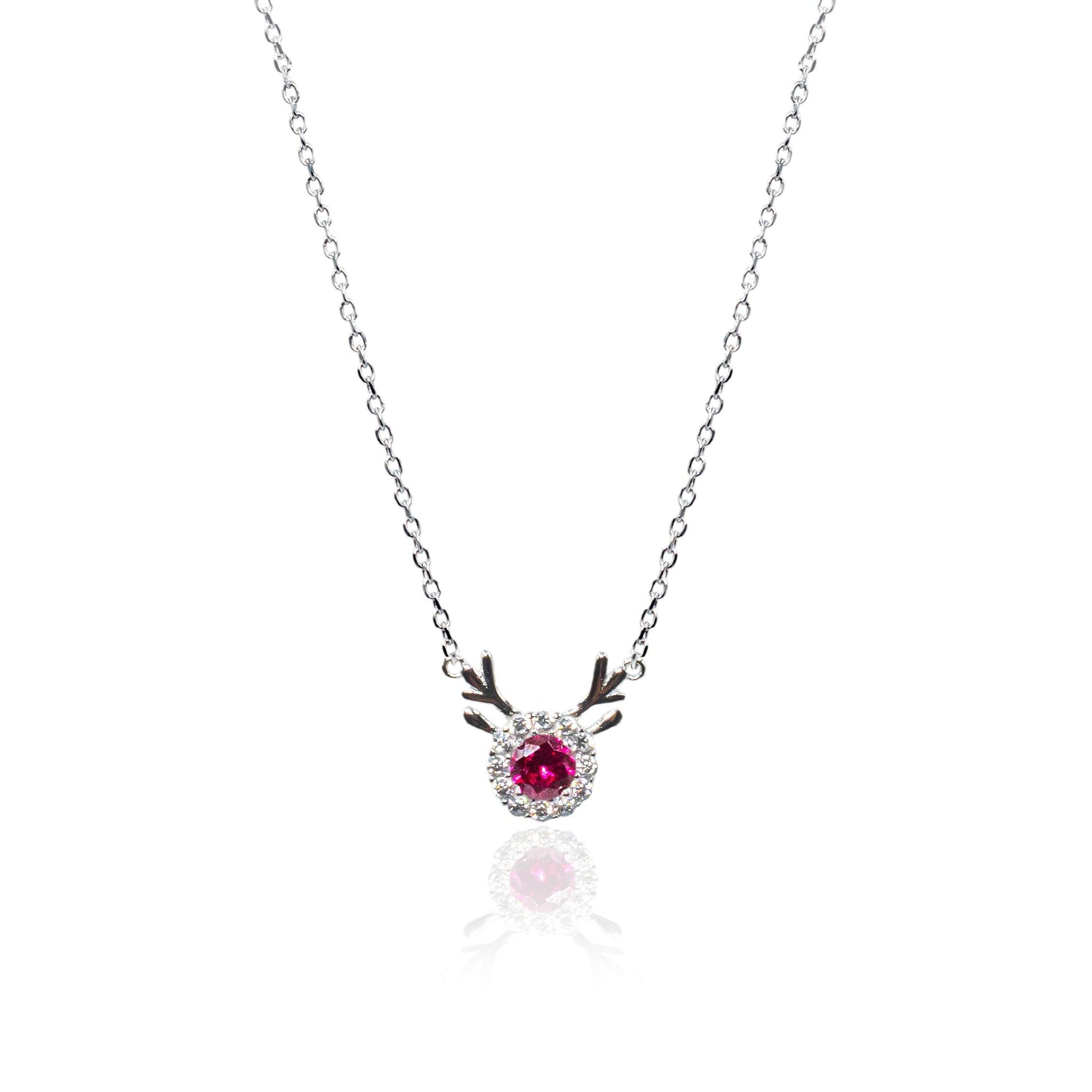 Silver Deer Red Solitaire Diamond Necklace - SILTREE