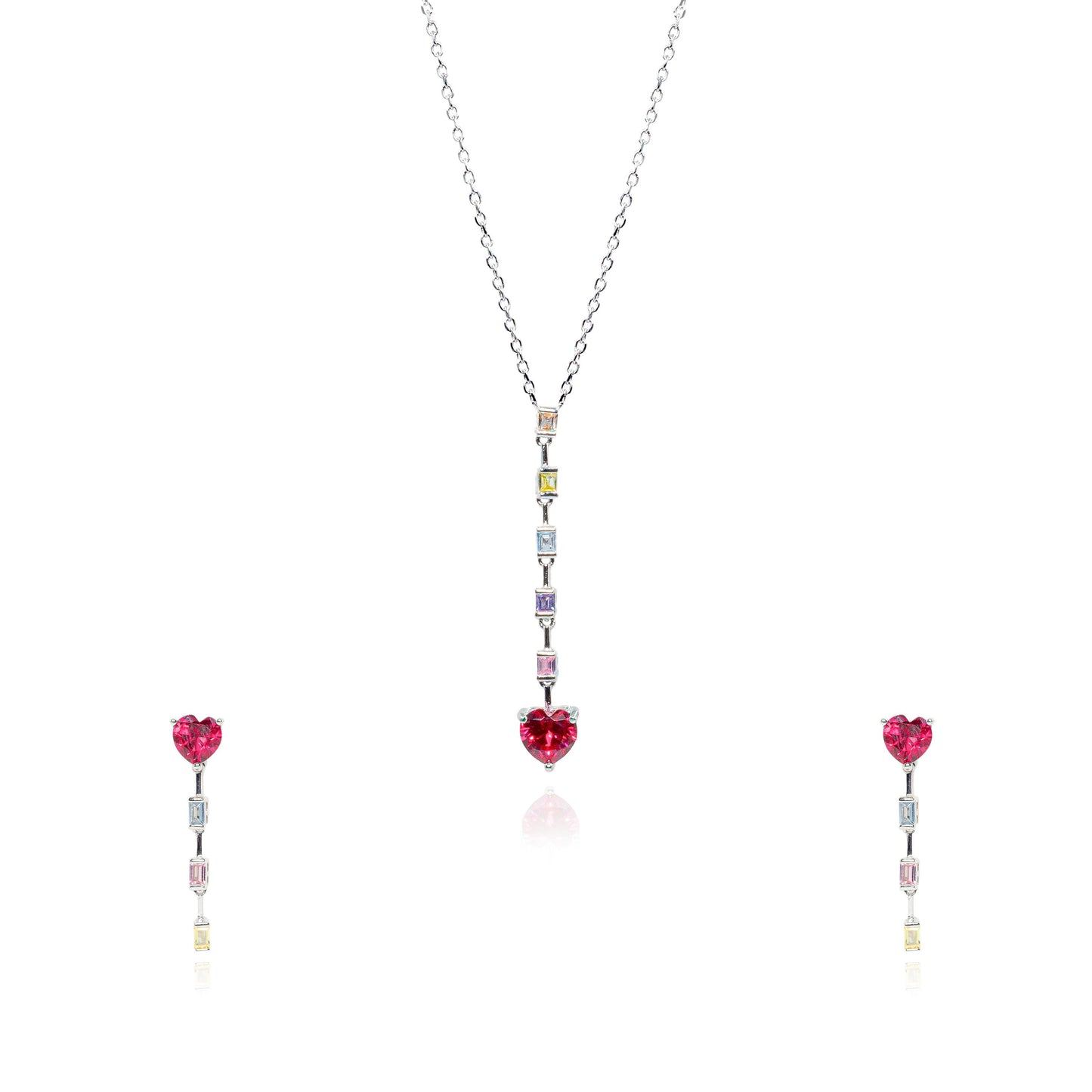 Shimmering Heart Red Diamond Set - SILTREE
"red heart with three different color crystal silver necklace set "