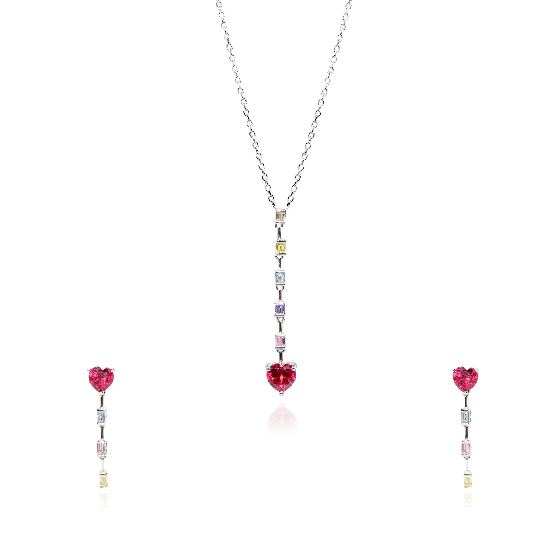 Shimmering Heart Red Diamond Set - SILTREE
"red heart with three different color crystal silver necklace set "