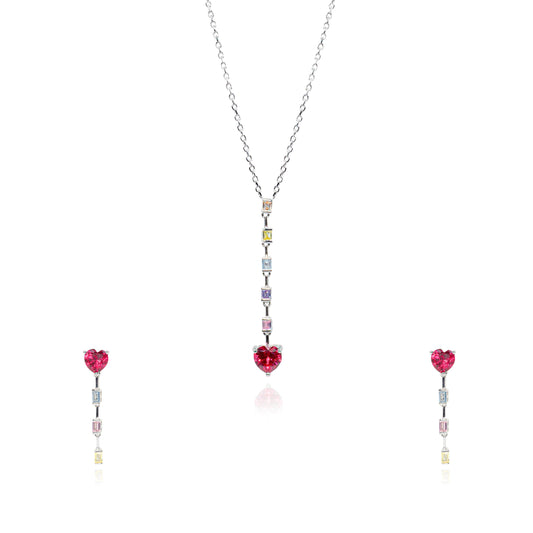 Shimmering Heart Red Diamond Set - SILTREE
"red heart with three different color crystal silver necklace set "