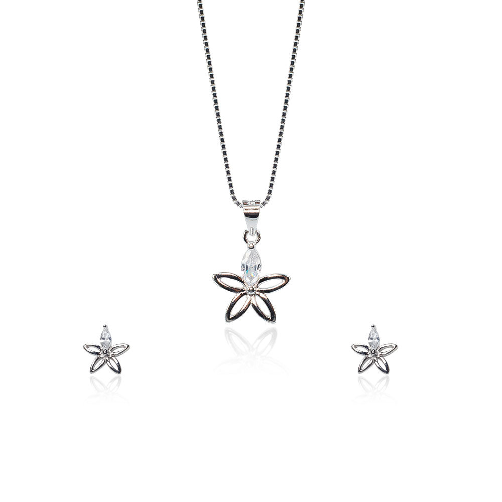 silver flower with diamond necklace set