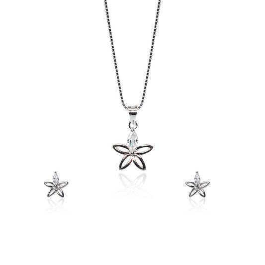 silver flower with diamond necklace set