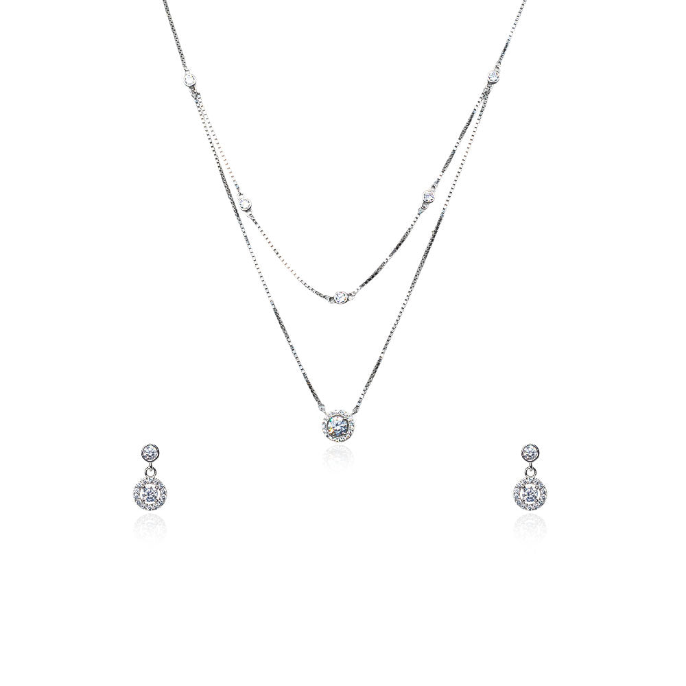 2 layer diamond silver necklace set with earring