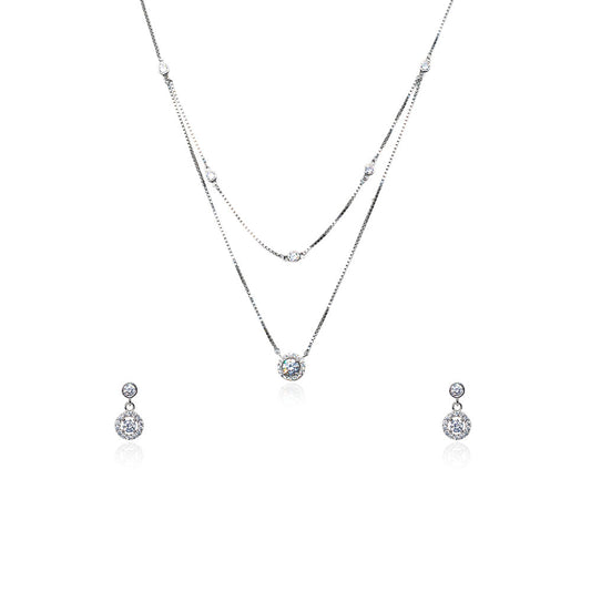 2 layer diamond silver necklace set with earring