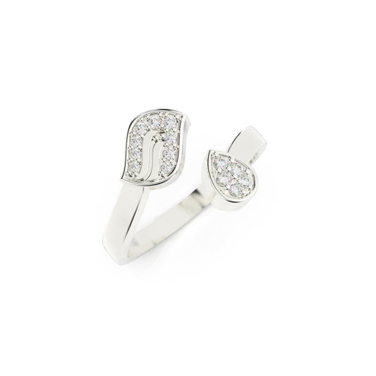 leaf and drop shape diamond studded silver adjustable ring