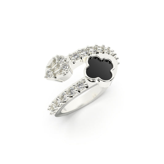 Luminous Nightfall Ring - SILTREE
back flower with diamond studded solver ring