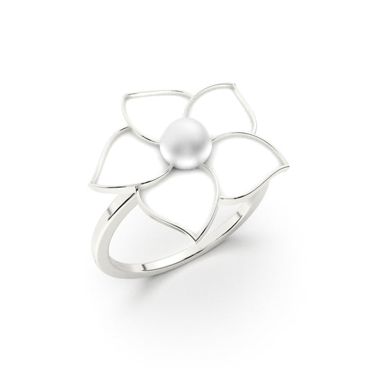 Lustrous Bloom Ring - SILTREE
white flower with pearl silver ring